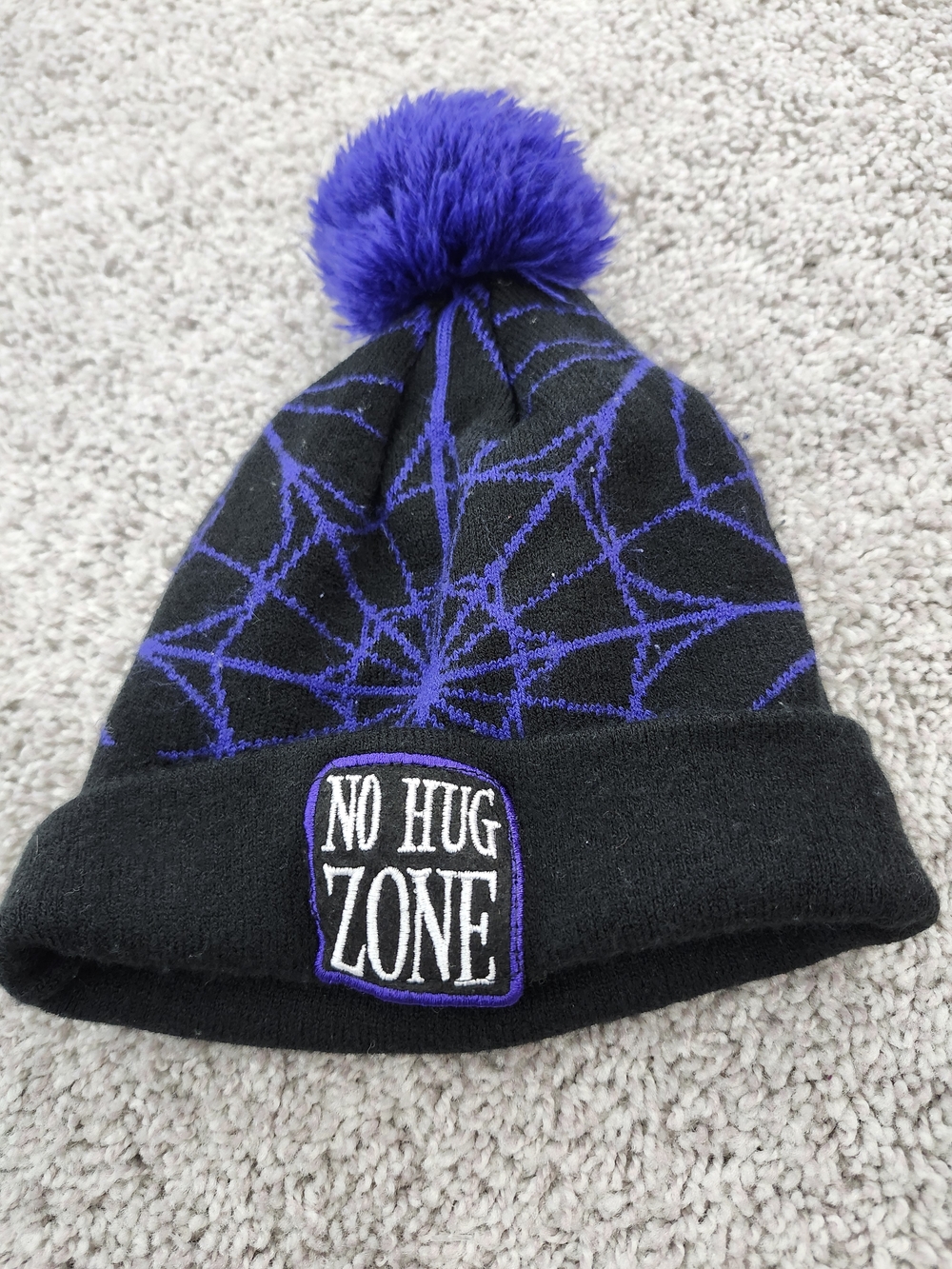 Wednesday Addams Beanie "No Hug Zone" Spiderweb Purple Pom Pom Hat Mad